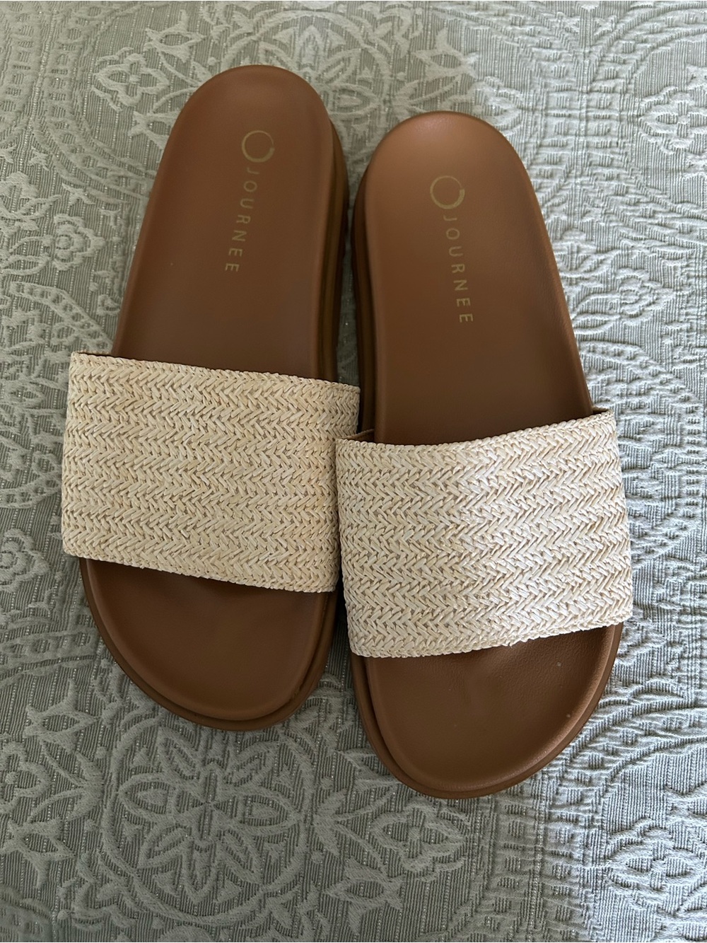 Journee Collection Brown Slide Sandals with Cream Woven Strap